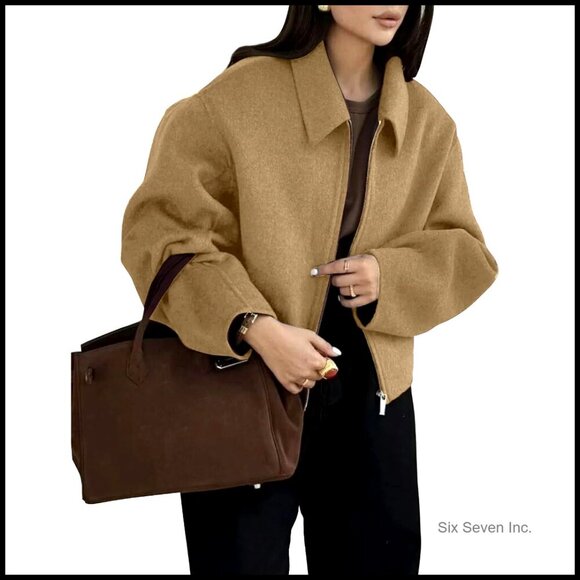 Jackets & Blazers - Cropped Wool Blend Pea Coat with Zipper Closure, Long Sleeve